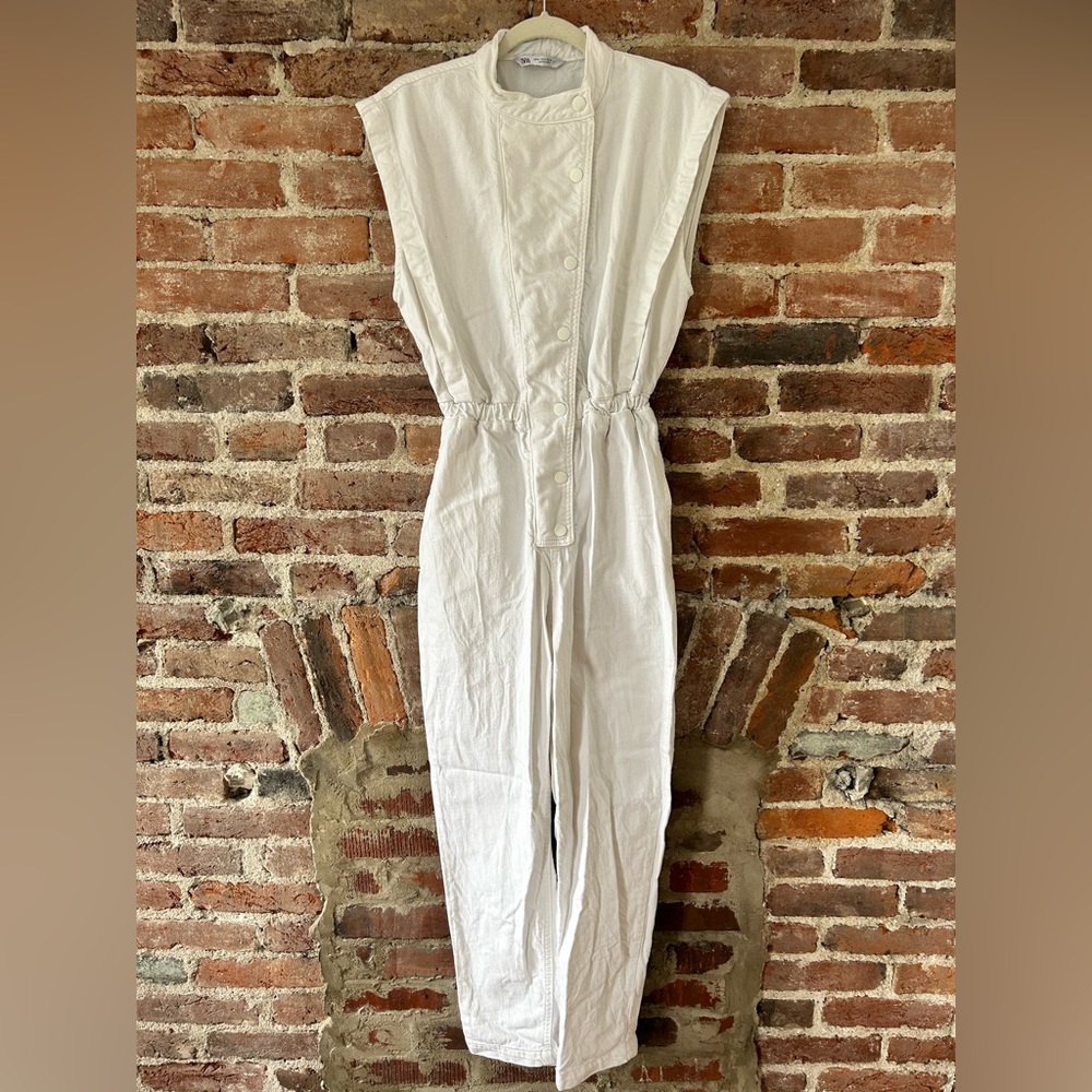 Zara White Denim Jumpsuit, Size Medium